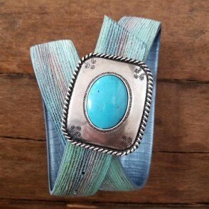 Ceinture reversible femme Motif "ligne" jade / bleu acier